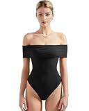 SUUKSESS Women Off the Shoulder Bodysuit Short Sleeve Strapless Thong Body suit Shirts Top (Black,M)