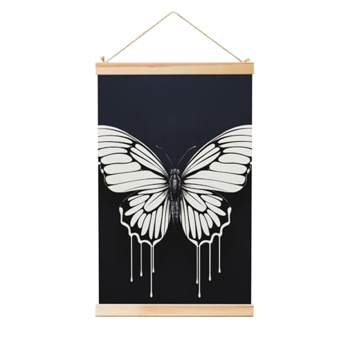 Poster papillon noir et blanc vintage avec cintre en bois suspendu 50x75 cm