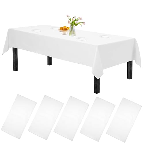 5 Piezas Mantel Desechable, 137 cm x 274 cm Mantel Blanco Plastico Mesa Rectangular, Manteles de Plástico Desechables, Manteles Blancos para Eventos, Mantel Impermeable para Cumpleaños, Boda, Fiesta