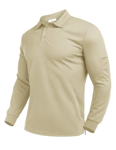 Deyeek Men's Long Sleeve Polo, Quick Dry Golf Top, Light Khaki, XXL