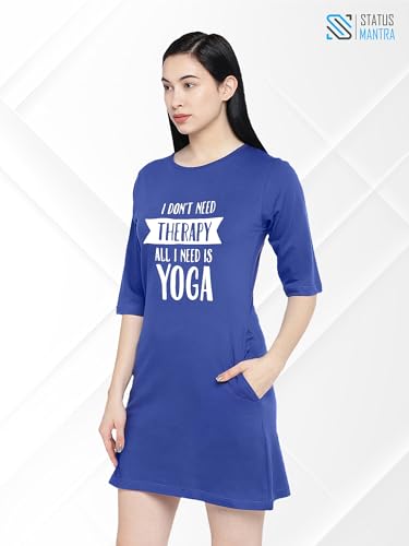 Image of STATUS MANTRA Women's Long T-Shirt Dress - Cotton Casual Knee Length Dress with 3 /4 Sleeves | Soft Bio-Washed Fabric, Crew Neck, Relaxed Fit | Comfy Summer Lounge Wear