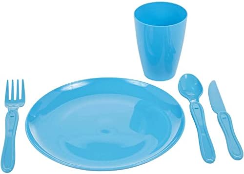GEEZY 31 Piece Camping Picnic Plastic Utensils BBQ Set with Knives Forks Spoons Cups & Plates, Reusable (Blue)