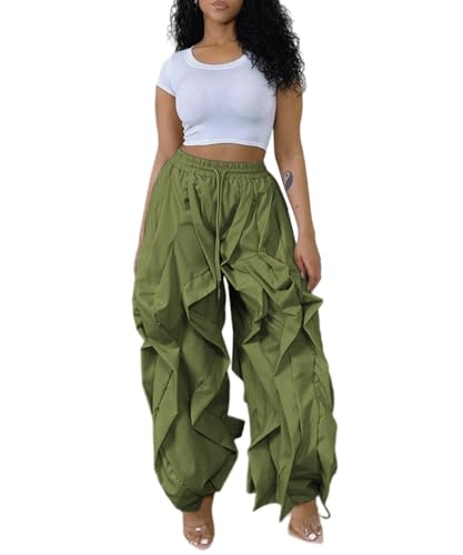 knowfashionstyle Cargo Pants for Women Baggy Loose Fit Y2K Casual Pant Drawstring Wide Leg Streetwear Sweatpants Army Green 2XL