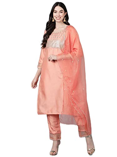Image of Vaamsi Women's Poly Silk Solid Yoke Design Straight Kurta Set With Dupatta