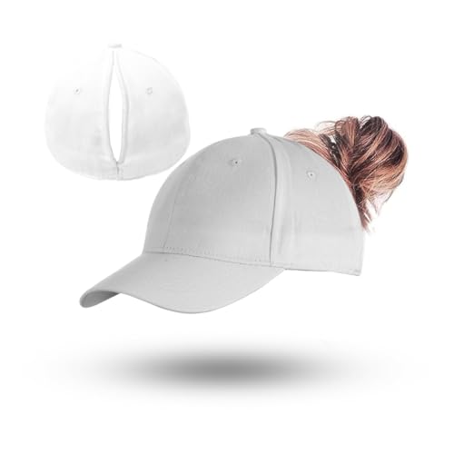 Magnetic Ponytail Baseball Hat for Women Breathable Cotton Cap with Ponytail Hole for Long Hair Sport Running Outdoor Daily Wear White