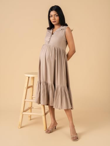 Image of The Mom Store Printed Maternity & Nursing Dress for Women | Cotton | Feeding Dress | Midi Dress | Pregnancy & Postpartum Wear | Stylish Causal Wear Dress for New Mom