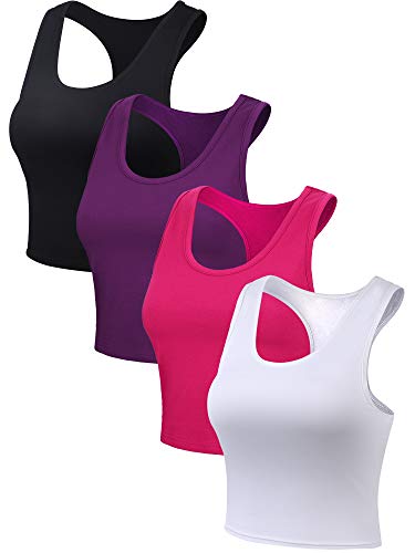 Boao 4 Pieces Basic Crop Tank Tops Sleeveless Racerback Crop Top For Women(Black, White, Rose Red, Purple,Large) #TOP5
