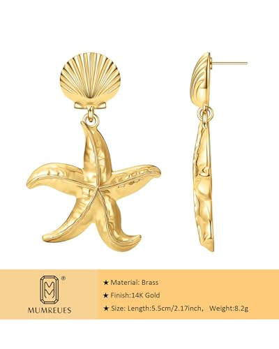 MUMREUES Stunning Waterproof Gold Starfish Drop Earrings for Women - Trendy 14K Plated Seashell Jewelry for Beach Vacations - Image 7