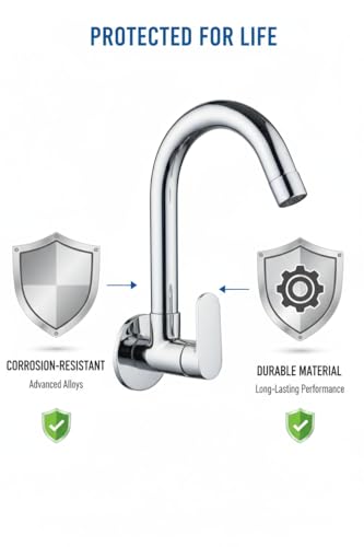 Image of Premium Wall Mounted Kitchen Sink Tap with Water Saving Aerator, Brass Body, Chrome Finish Swan Neck Faucet, Single Lever Water Tap, Rust & Corrosion Resistant for Kitchen Sink, Wash Basin