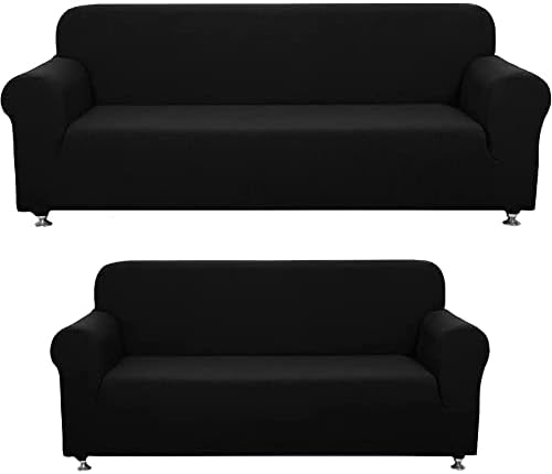 Sapphire Home 2-Piece SlipCover Set for Sofa Loveseat Couch, Form fit Stretch, Wrinkle Free, Furniture Protector Cover Set for 3/2 Cushions, Polyester Spandex, 2pc Slipcover Set (Black)