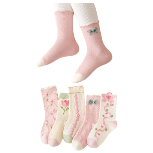 Kids Pink Socks Floral Socks Girls Boys Socks For Kids Children's Socks Kids Bulk Socks (5 Years,5Pcs)