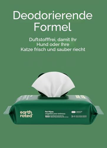 Earth Rated Feuchttücher für Hunde, Dicke Pflegetücher auf pflanzlicher Basis zur einfachen Anwendung an Pfoten, Körper und Hintern, unparfümiert, 100 Stück