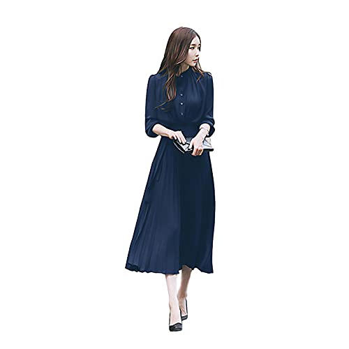 Womens Pleated Long Sleeve Loose Dress Casual Maxi Dresses with Tie Waist