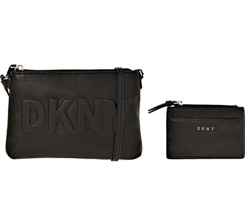 DKNY Crossbody Black messenger Embossed logo bag section University travel card coin zip purse
