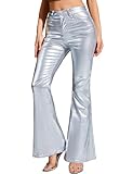 Odefou Sparkly Bell Bottom Jeans for Women Flare Silver Metallic Pants Bootcut Pantalones De Mujer Rave Outfits(Silver,8)