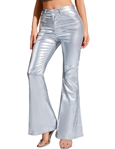 Sparkly Bell Bottom Jeans for Women Flare Silver Metallic Pants Bootcut Pantalones De Mujer Rave Outfits