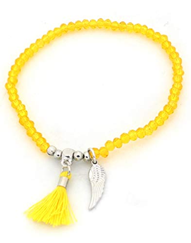 Preisvergleich Produktbild Musthaves Damen Armband mit Glasperlen, Feder und Quaste - Gummiband (Ockergelb)