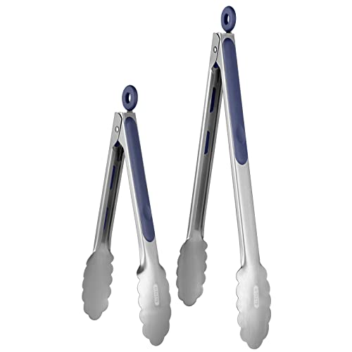 U-Taste 18/8 Stainless Steel Kitchen Tongs: 23+30 cm Heat Resistant Cooking Tong with Sturdy Metal Tips & Non Slip Silicone Handle & Smooth Locking for Serving Grill BBQ (Set of 2 Midnight Blue)