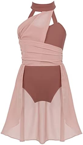 Nikiikoo Kids Girls Halter Cutouts Modern Lyrical Dance Leotard Tulle Dress Ballet Latin Jazz Ice Skating Costume Dusty Pink 14 Years