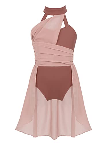 Nikiikoo Kids Girls Halter Cutouts Modern Lyrical Dance Leotard Tulle Dress Ballet Latin Jazz Ice Skating Costume Dusty Pink 14 Years #TOP30