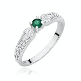 Sakrami Anillo de mujer de oro amarillo o blanco de 14 quilates con esmeralda natural de 0,15 ct y diamantes, anillo elegante con grabado para compromiso, San Valentín, aniversario (blanco, 14)