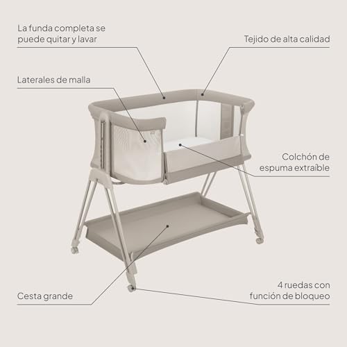 lionelo Luna, berço de co-sleeping portátil com colchão, berço de viagem, bebé co-sleeping, desde recém-nascido até 9 kg. Altura e inclinação reguláveis, 4 rodas com bloqueio, ventilada