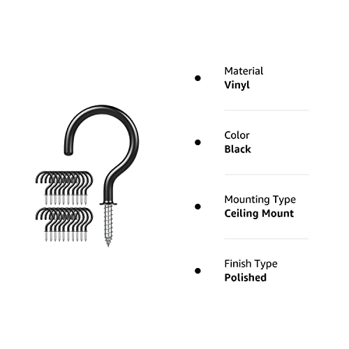 Argojolo Ceiling Hooks – Vinyl Coated Screw Hooks – 1-1/2 Inches Cup Hooks – Screw-In Hooks – 20 Pack – Black #TOP6