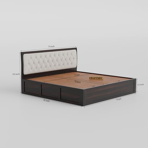 Image of Solid Sheesham Wood King Size Bed with Box Storage | White Upholstered Cushion Headboard | Wooden Double Bed for Bedroom | Palang /Cot /Mancham, Walnut Finish