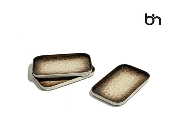 Image of Beyond Homes Ceramic Serving Tray Set of 3 | 8 Inch Rectangular Serving Plates | Premium Ceramic Platters for Sushi Dimsum Momos Snacks Starters & Appetizers | Microwave & Dishwasher Safe, Brown