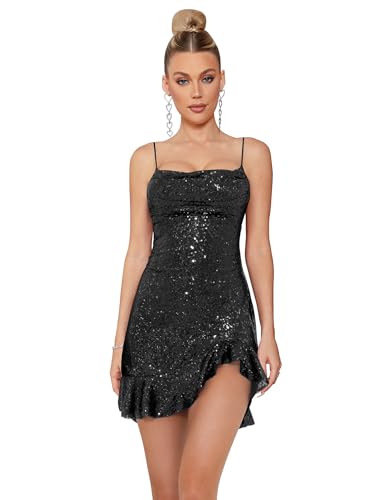 meilun Sparkly Glitter Mini Homecoming Dress for Teens Short Cocktail Party Dress with Ruffle Sequins Prom Gown(Black,M)