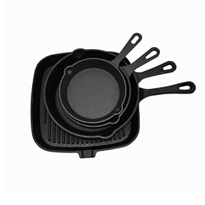 4-Piece Cast Iron Skillet Set – Pre-Seasoned Grill & Frying Pans for Steak, Eggs, and Cooking – Compatible with All Stoves (14cm, 16cm, 20cm, 24cm)