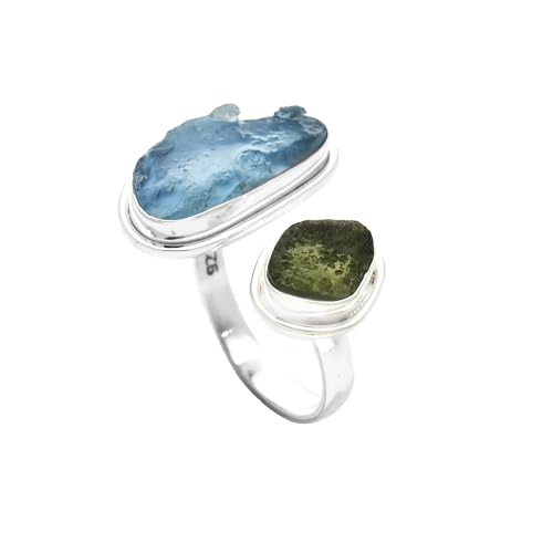 Natural Moldavite Ring 925 Sterling Silver Handmade Jewelry With Certified Gemstone From Czech Republic Aquamarine Silver Promise Ring Gift For Mens/Womens (Moldavite/Aquamarine)