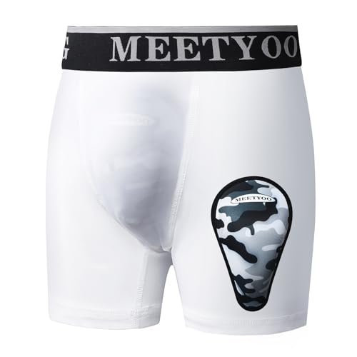 MEETYOO Youth Boys Athletic Compression Sliding Shorts with Soft Cup Pocket for Baseball Football Lacrosse Hockey White