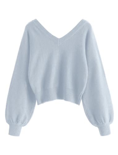 Image of ZAFUL Women's Cropped Sweater V-Neck Long Sleeve Pullover Jumper Knit Top | Crop Length, Ribbed Knit, Double V design, White sweater, Raglan sleeves, lantern sleeve, Fall & Winter, Loose fit, Oversized