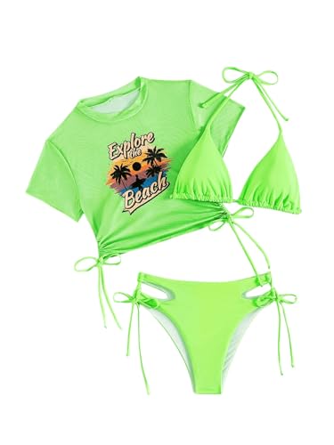 Image of Sexybody Women's 3 Piece Swimsuit Halter String Bikini Tie Side Mesh Short Sleeve Bathing Suits