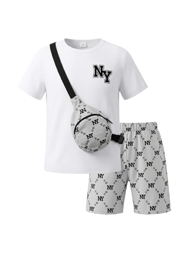 PureChapter Boys Summer Outfits 3 Piece Set Short Sleeve T Shirt Shorts Crossbody Bag Kids Clothes Casual Vacation Outfits Teen Boys Fashion Size 5-15