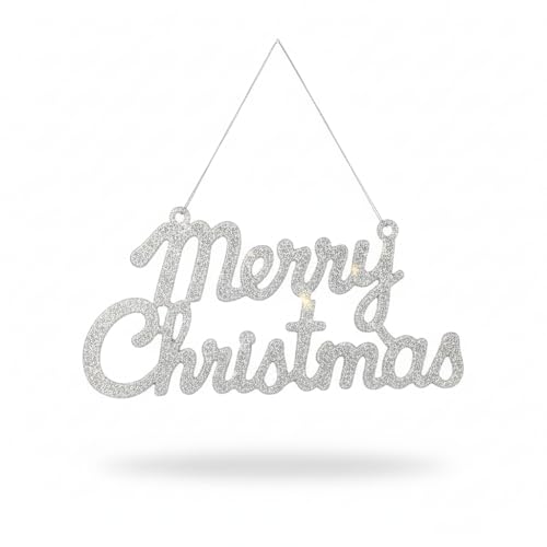 Image of 19 CM Sparkling Merry Christmas Hanging Sign – Glitter Xmas Ornament, Holiday Wall & Door Decoration, Christmas Tree Party Decor, Seasonal Home Accent (Silver)