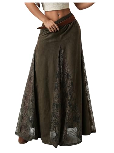 MakeMeChic Women's Vintage Floral Lace Maxi Skirt Flowy Elastic Waist A Line Skirts