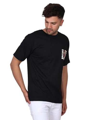 Image of Dragon's Lair Men's Printed Round Neck Pure Cotton Black T-Shirt for a Bold and Mystical Look