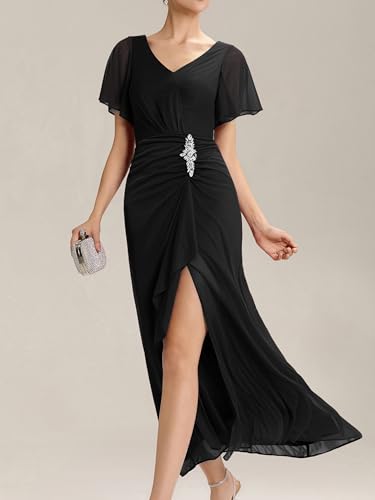 Ever-Pretty Women's V-Neck Pleated Short Sleeves Rhinestone Maxi Slit Mother of The Bride Dresses 023233