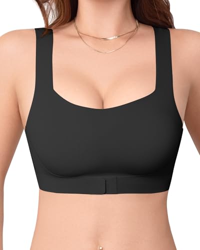 Derisaly Womens Seamless Bra Wireless Pullover Push Up Bras Front Closure Supportive Vest Bralette Full Coverage Tshirt Bra (Black, L)