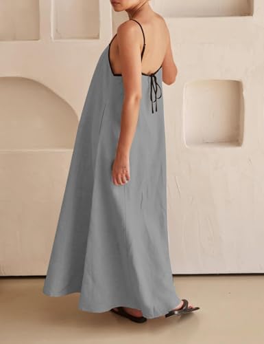 Image of Womens Summer Linen Maxi Dress Contrast Trim Spaghetti Straps Backless Sleeveless Long Flowy Dresses