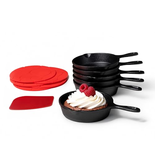 KUHA Small Cast Iron Skillet Set | Pre-Seasoned Mini Cast Iron Skillets for Cookies, Eggs & Desserts | For Baking & Serving | 6 Silicone Trivets & Scraper Included | 4', Set of 6