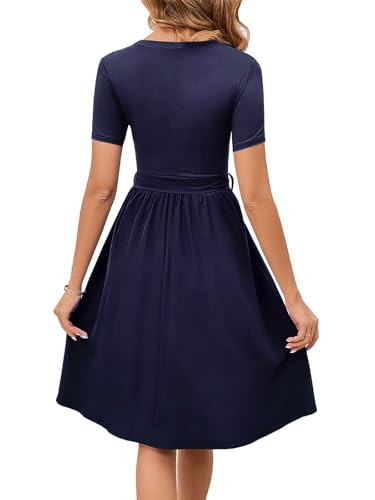 Image of Women's Elegant Vintage Round Neck Short Sleeve Summer Casual Work Party A-Line Dress with Belt 809