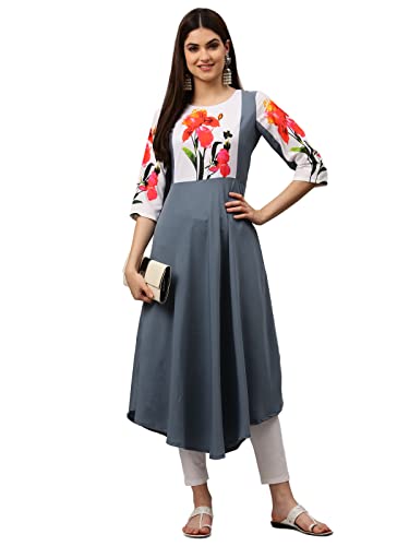 Image of Women's Crepe A-Line Printed Kurti(ALC9121STL1 Steel 3X-Large)