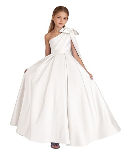 One Shoulder Flower Girls Dress Satin Toddler Pageant Dresses for Girls A Line Party Ball Gown with Bow
