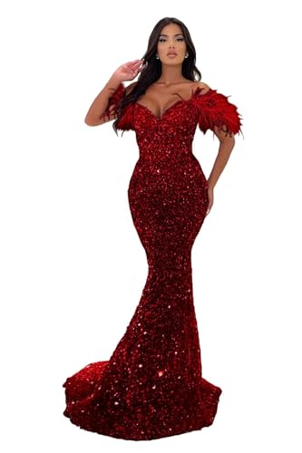 Image of Sequin Feathers Mermaid Prom Dresses 2026 Off Shoulder Sparkly Long Formal Evening Party Gowns with Train