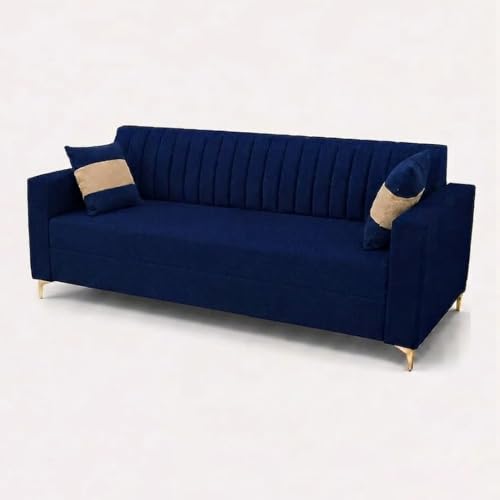 Image of FURNY Signature Regalia 3 Seater Sofa Set | Boston Fabric | 40D Foam + Zigzag Spring | 3-Yr Warranty (Midnight Blue & Warm Beige) | Modern Living Luxury Sofa Set for Home, Office & Hotel Spaces