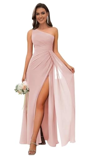 Image of Bolodoo One Shoulder Bridesmaid Dresses for Women Ruched Chiffon A Line Evening Formal Gown with Slit