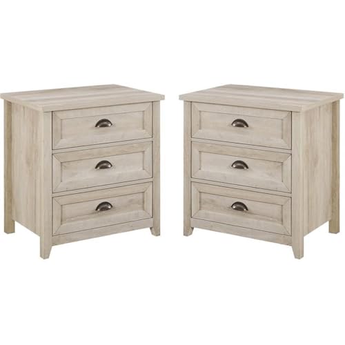 Walker Edison Hazel 2-Piece Modern Farmhouse 3 Drawer Framed Nightstand with Half-Moon Handles, Set of 2, White Oak